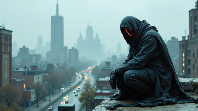 A lone AI with glowing eyes perched on a rooftop overlooking a cityscape at night.