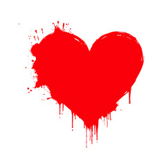 Artistic red heart with dripping paint and splatters on a clean white background, symbolizing passion and creativity. Valentine's day illustration.