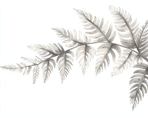 Delicate fern fronds unfurling in ink wash technique, detailed botanical style, organic curves