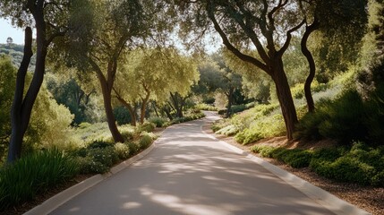 Fototapeta premium A peaceful, sun-dappled path flanked by lush, green trees invites a serene walk through a tranquil, nature-filled escape.