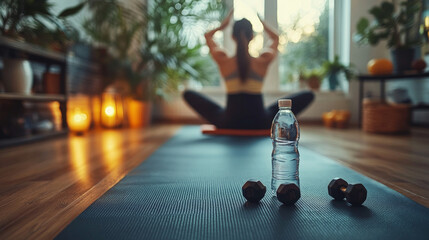A home workout scene with a person stretching on a yoga mat, with dumbbells and a water bottle placed nearby in a simple, cozy living room