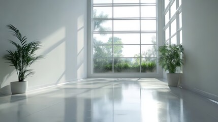 Fototapeta premium Empty modern office background workspace interior design white color, Comfortable office lobby interior with blank white wall and big window