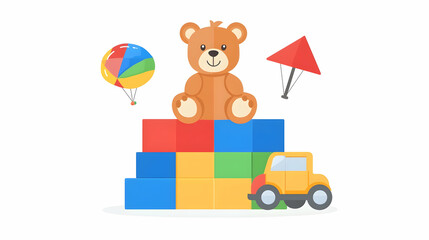 Obraz premium Colorful children's toys, teddy bear, blocks, ball, and car, playful illustration.