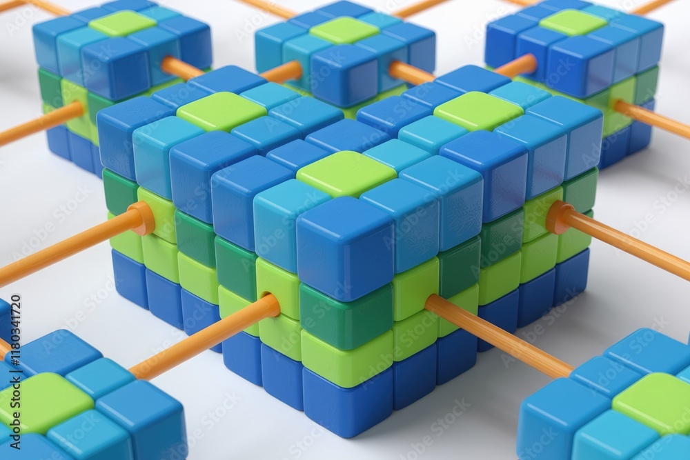 Poster Interconnected colorful cubes forming a network, illustrating concepts of data, connectivity, and systems.