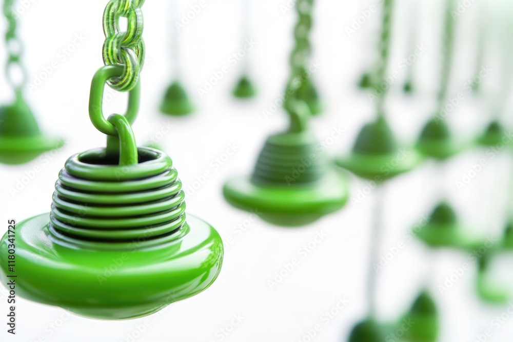 Poster a row of green lights hangs from the ceiling, providing soft illumination