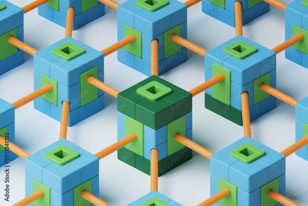 Poster Interconnected blocks forming a network, showcasing data flow or system architecture.
