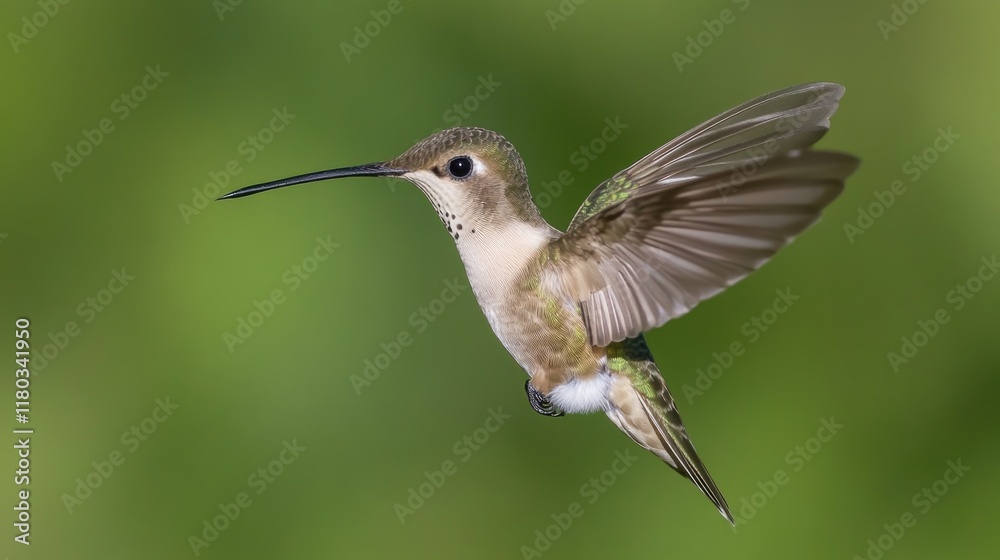 Poster a hummingbird soaring through the air with its vibrant feathers and extended wings, perfect for natu