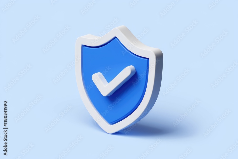 Poster a 3d rendered blue shield with a white checkmark, symbolizing security and protection.
