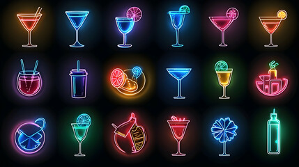 Neon Glow Cocktails and Drinks Icons on Dark Background.
