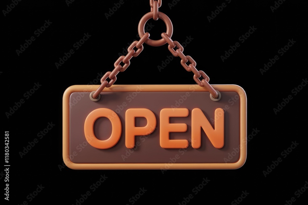 Poster A 3D rendered image of an open sign hanging from a chain.