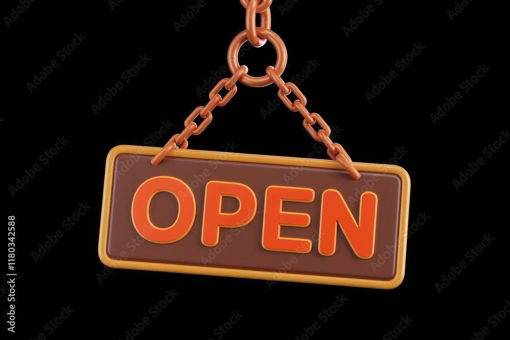 Poster a 3d rendered image of a hanging brown 'open' sign with orange letters.
