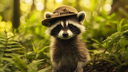 Fototapeta premium raccoon wearing a small explorer hat, surrounded by forest vegetation, generative ai