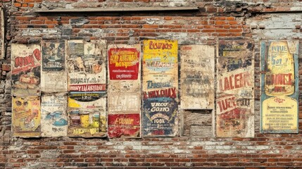 Fototapeta premium A weathered brick wall with a collage of vintage, faded, and peeling posters.