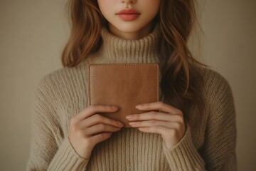 Woman holding leather notebook in hands, minimalist lifestyle concept