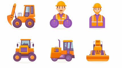 Flat design icons of construction vehicles and workers.