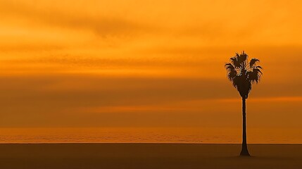A serene sunset over a beach with a lone palm tree silhouetted against the sky.