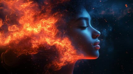 Profile of a woman surrounded by fiery light