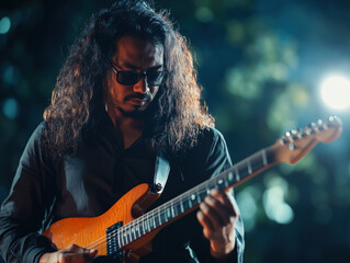 Obraz premium Passionate Musician Electrifies Audience with Dynamic Guitar Performance, Showcasing Unmatched Talent and Creative Energy in a Celebration of Artistry