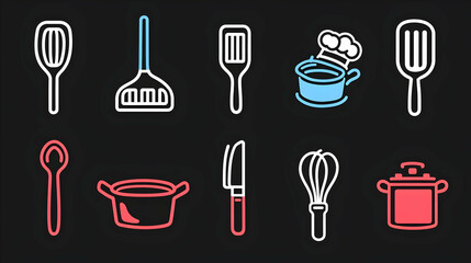 Neon Kitchen Utensils on Dark Background.