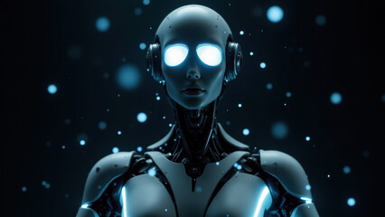 Futuristic humanoid robot with glowing eyes and digital interface