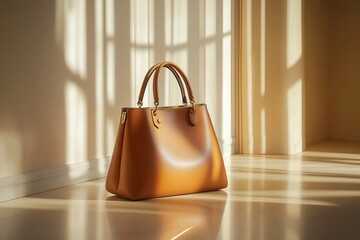 Elegant leather handbag illuminated by window light in minimalist interior