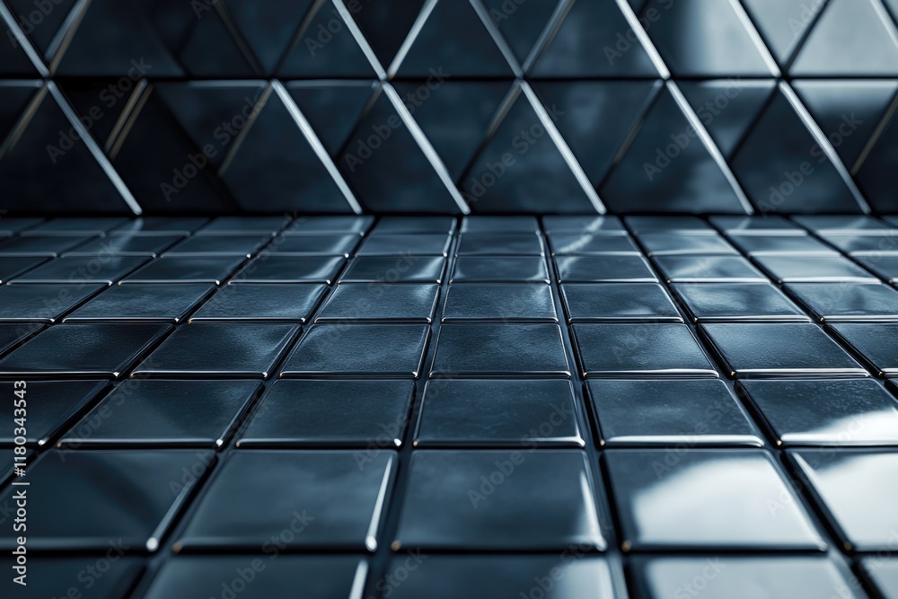 Poster a room with black tiles and a window in the background, suitable for interior design or architecture