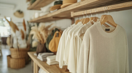 A minimalistic boutique showcasing sustainable fashion items made from organic fabrics like hemp and bamboo, with neutral-colored clothing arranged neatly