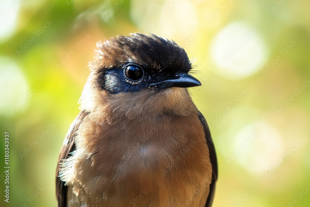Poster a small brown and black bird sits peacefully on the end of a tree branch, enjoying the view