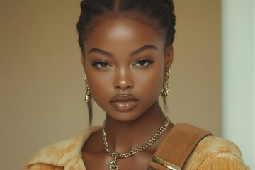 Fashion model posing with gold jewelry and braids hairstyle