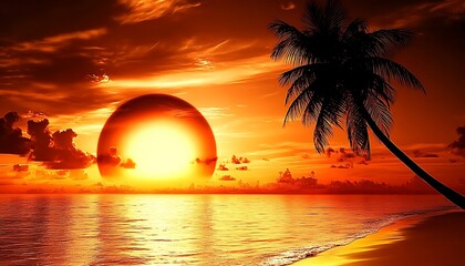 A serene sunset over a beach with a palm tree silhouette.