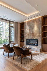 Fototapeta premium Chic minimalist living room design featuring modern elements and sleek aesthetics