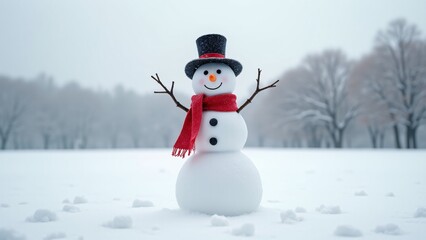 Obraz premium Cheerful snowman with red scarf, black top hat, and twig arms. Coal buttons and carrot nose add charm. Snowy field and frosty trees create a joyful winter wonderland.