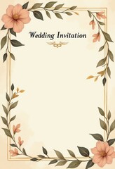 Obraz premium Floral Border With Pink Flowers And Green Leaves Surrounding A Blank Space. Wedding Invitation Card Design