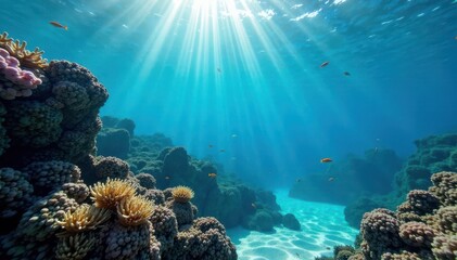 Underwater scene at waterline with schools of small fish , ocean, seaweed