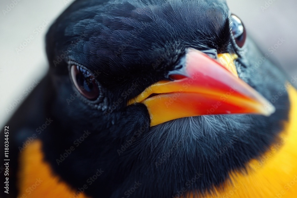 Poster a close-up image of a small black and yellow bird, perfect for use in wildlife or nature-themed proj