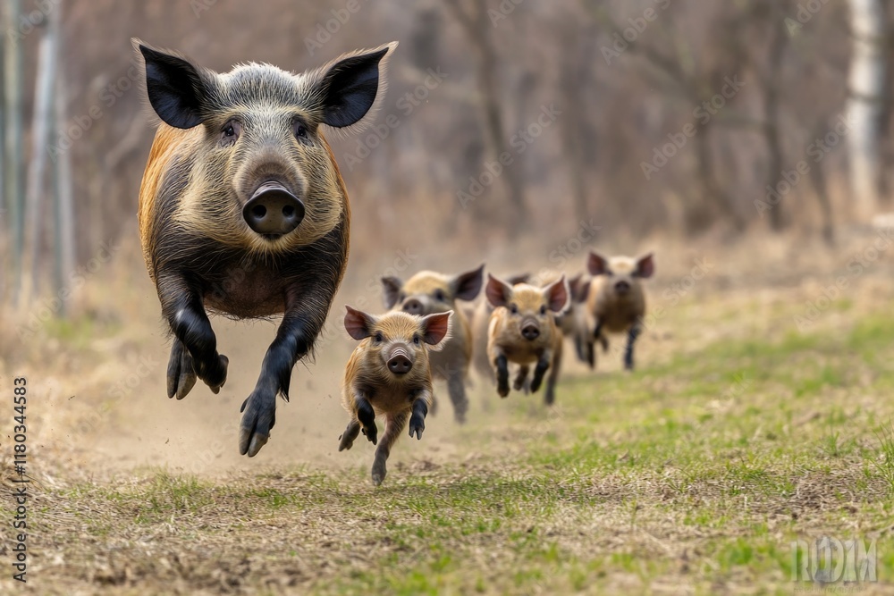 Poster a group of pigs are seen running down a dirt road, creating a fun and playful scene