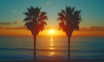A serene sunset over the ocean framed by two palm trees.