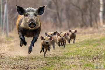 A group of pigs are seen running down a dirt road, creating a fun and playful scene