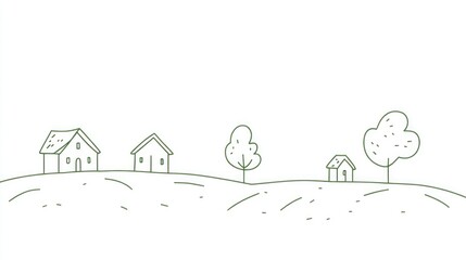Simple rural landscape illustration, houses, trees, hills, background, design