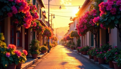 Obraz premium Vibrant street scene with blooming flowers and a warm sunset glow, vibrant colors, sunset, flowers