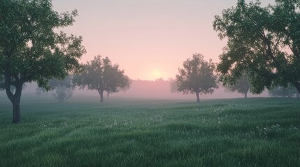 Fototapeta premium Misty sunrise orchard, tranquil field, peaceful dawn, website banner