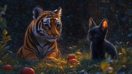 Obraz premium bengal tiger and black panther sitting in the spring forest, bathed in the dark and stormy night generative ai