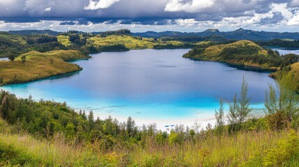 Obraz premium Tropical lake nestled in lush hills, scenic view, tranquil scene, possible use for travel brochure.