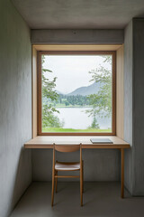 Fototapeta premium Experience a peaceful lakeside workspace, characterized by its minimalist design and abundant natural light, all nestled in a serene environment
