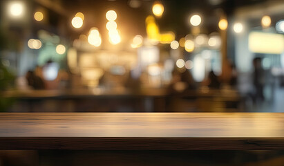 Warm cozy ambiance with soft lighting in a bustling cafe during evening hours showcasing a wooden countertop in the foreground