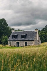 Obraz premium A delightful stone cottage sits gracefully amidst a lush grassy field, surrounded by a tranquil rural landscape beneath a soft, cloudy sky