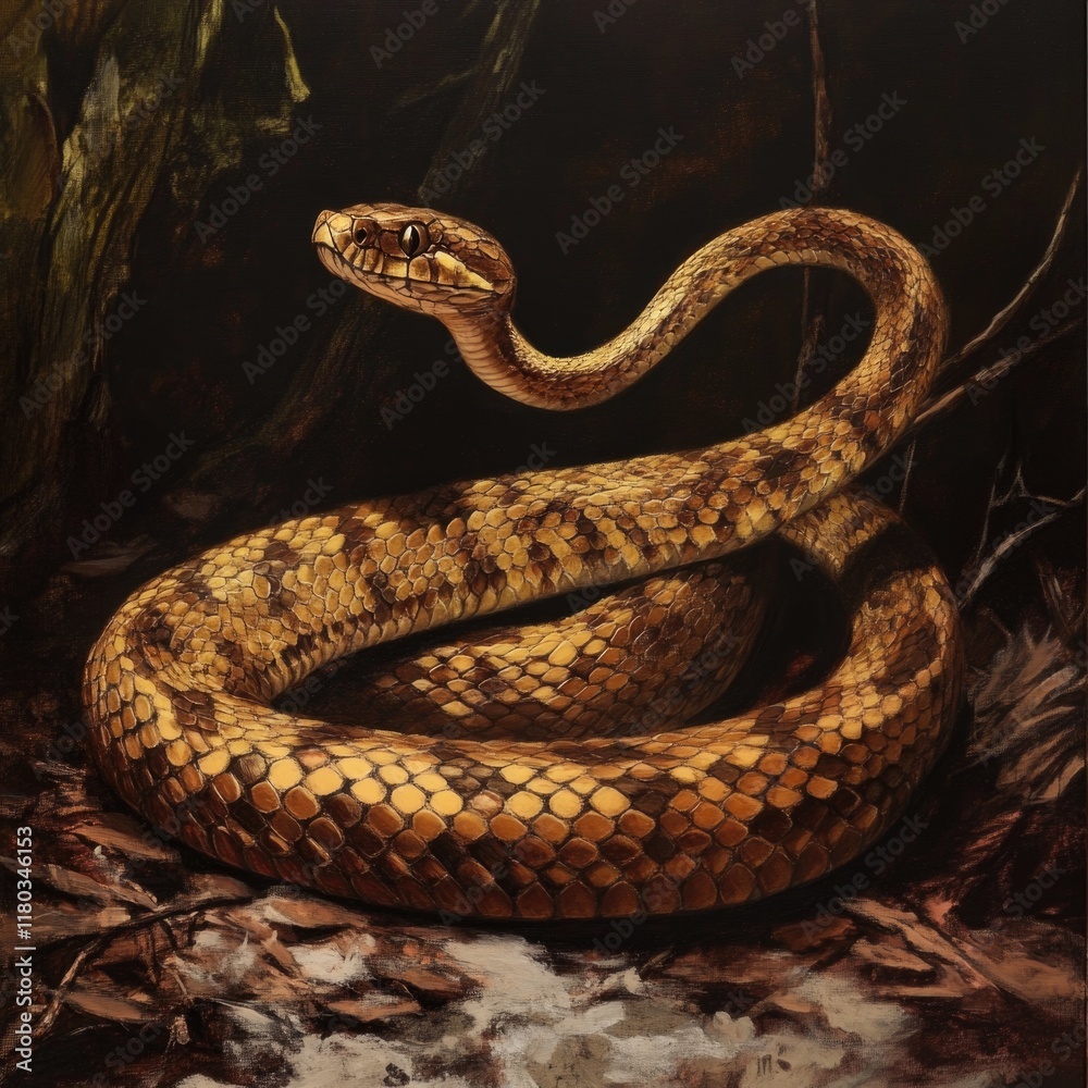 Poster a snake lying on the ground, a close-up view