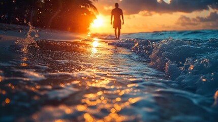 Fototapeta premium Person walking along the beach at sunset