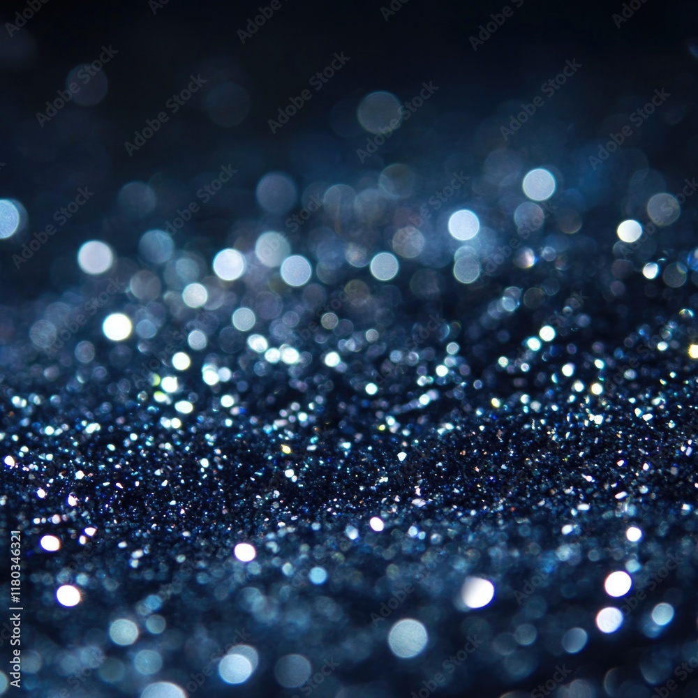 Poster close-up shot of a blue glittery surface with intricate details and sparkles