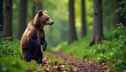 Obraz premium Brown bear stands upright on hind legs, looking around forest area, animal, wilderness, forest